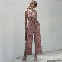 rompers womens jumpsuit summer floral casual black bow halter backless wide leg ladies one piece outfit women clothes belt 2020