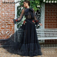 chenxiao 2022 black evening dress with 3d flowers evening party gown puff sleeve prom dress vestido de festa formal party dress