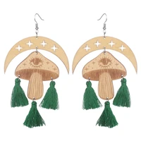 abstract wood moon mushroom tassel chandelier earrings for women laser engrave evil eye wooden earrings good luck jewelry gifts