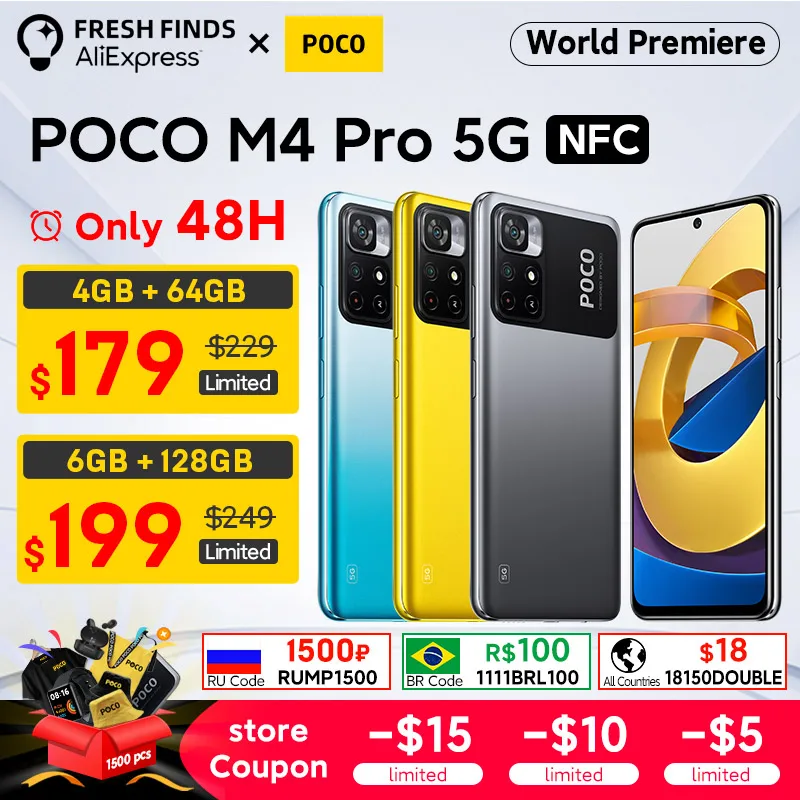  POCO M4 Pro 5G 4 ГБ, 64 ГБ/6 ГБ, 128 ГБ, 810 дюйма, 33 Вт, 50 МП, 6,6 мАч 