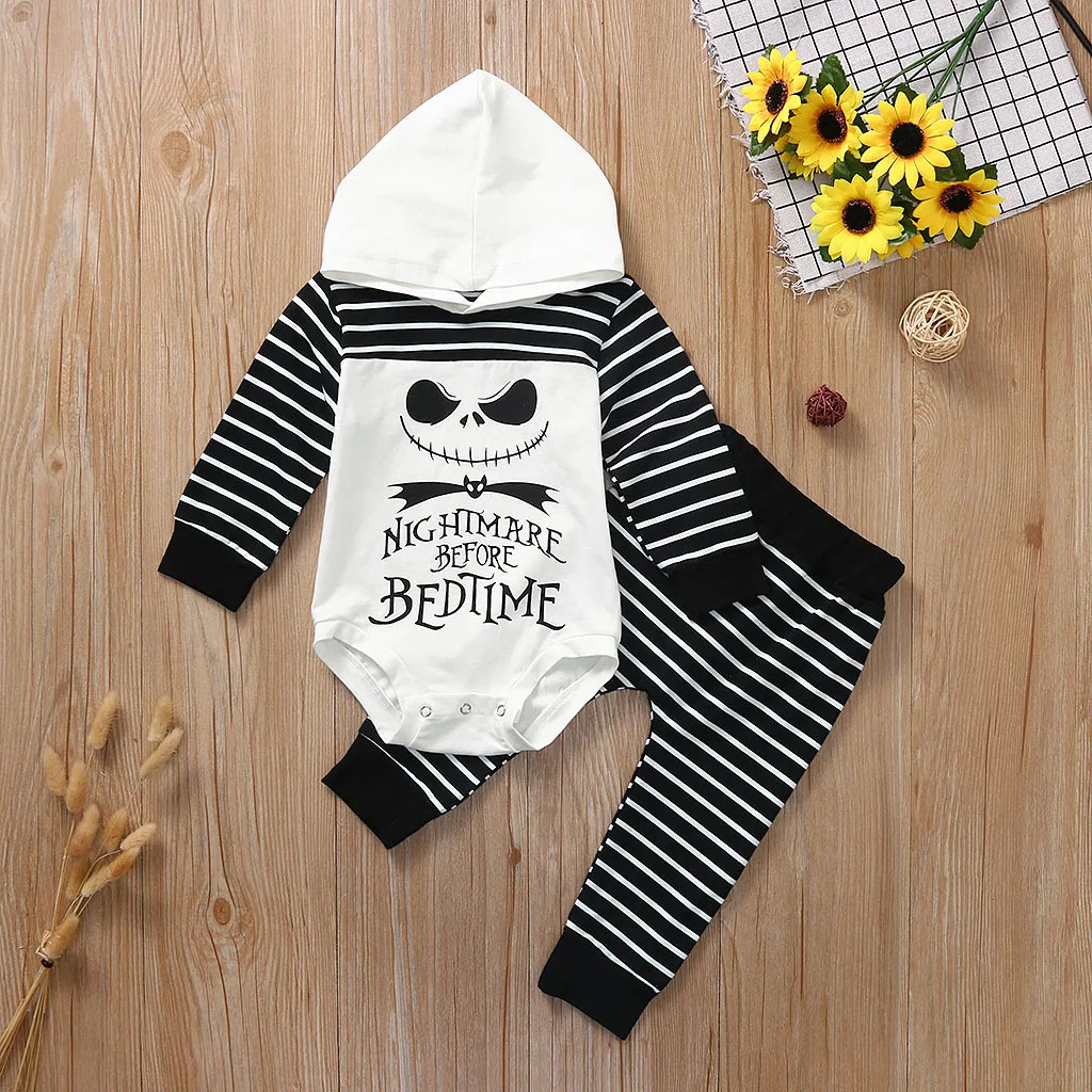 Kids Autumn Clothes Newborn Baby Boy Girl Nightmare Stripe Hooded Romper Pants Halloween Outfits Set Infantil Children Clothing | Детская