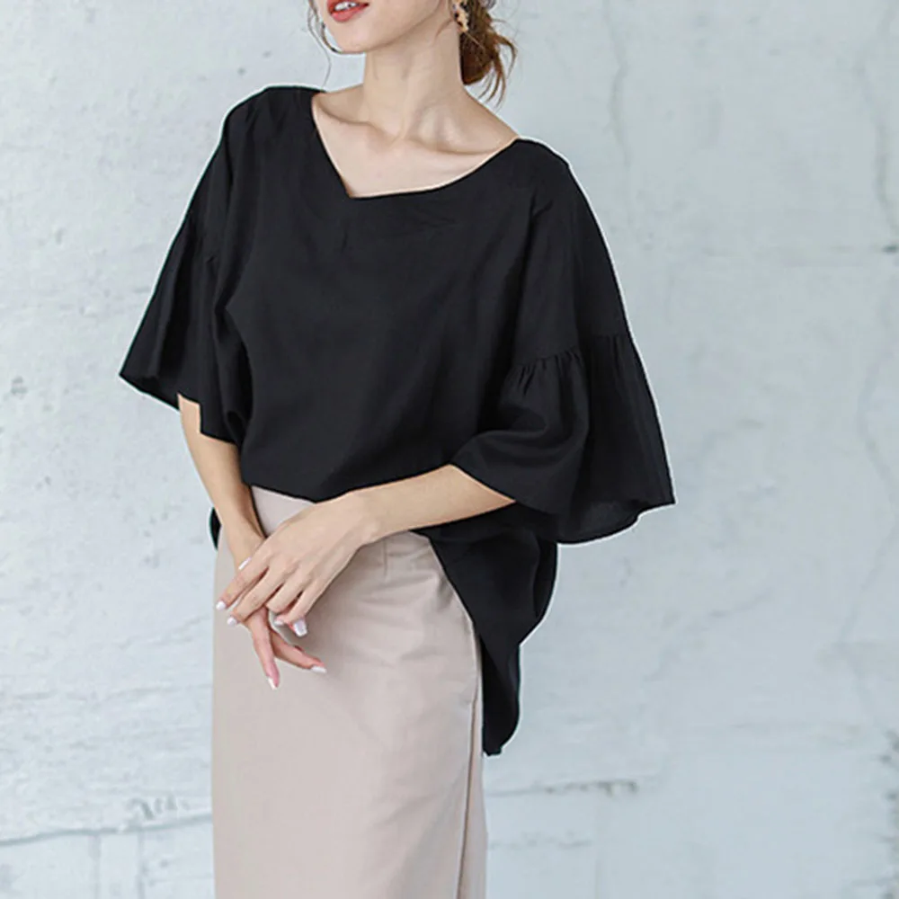 

Japanese Style Fashion Women's Oversize Loose Blouse V-neck Ruffle Drop Sleeves Solid Color Casual Folds 2021 Summer New