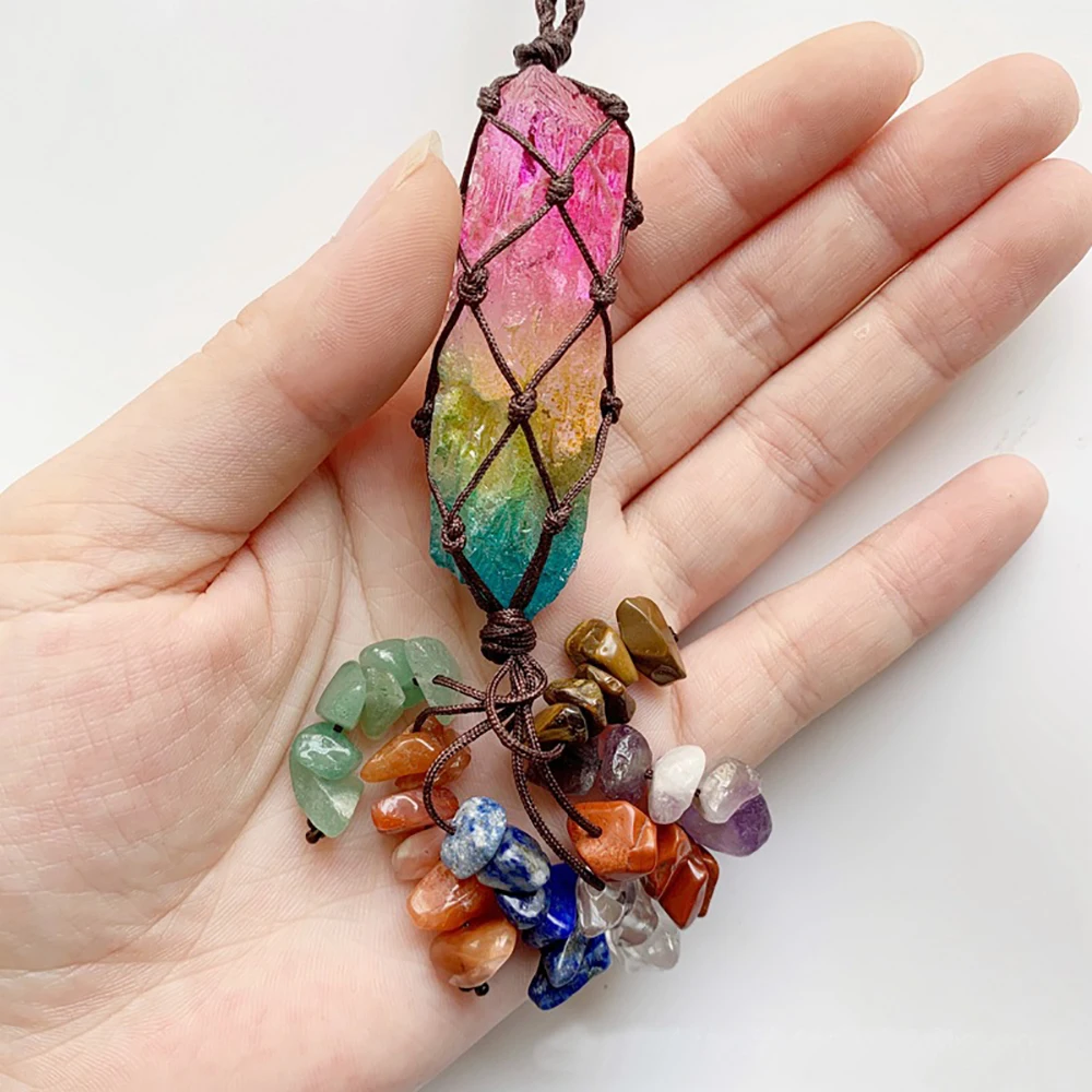 

7 Chakra Crystal Column Tassels Pendant Rainbow Raw Gemstone for Car Charm Feng Shui Decor Reiki Healing Hanging Ornament Gifts