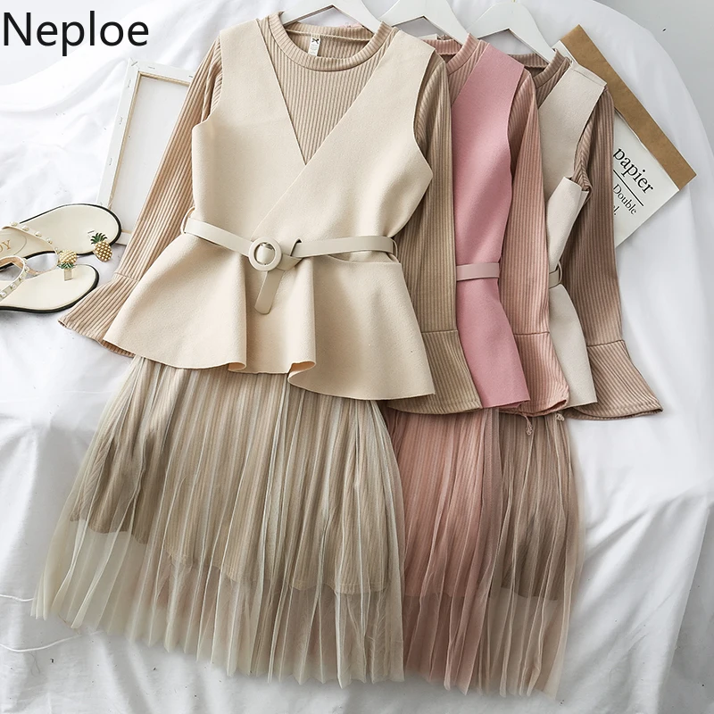 Neploe кружевное лоскутное платье свитер средней длины с круглым вырезом роговыми