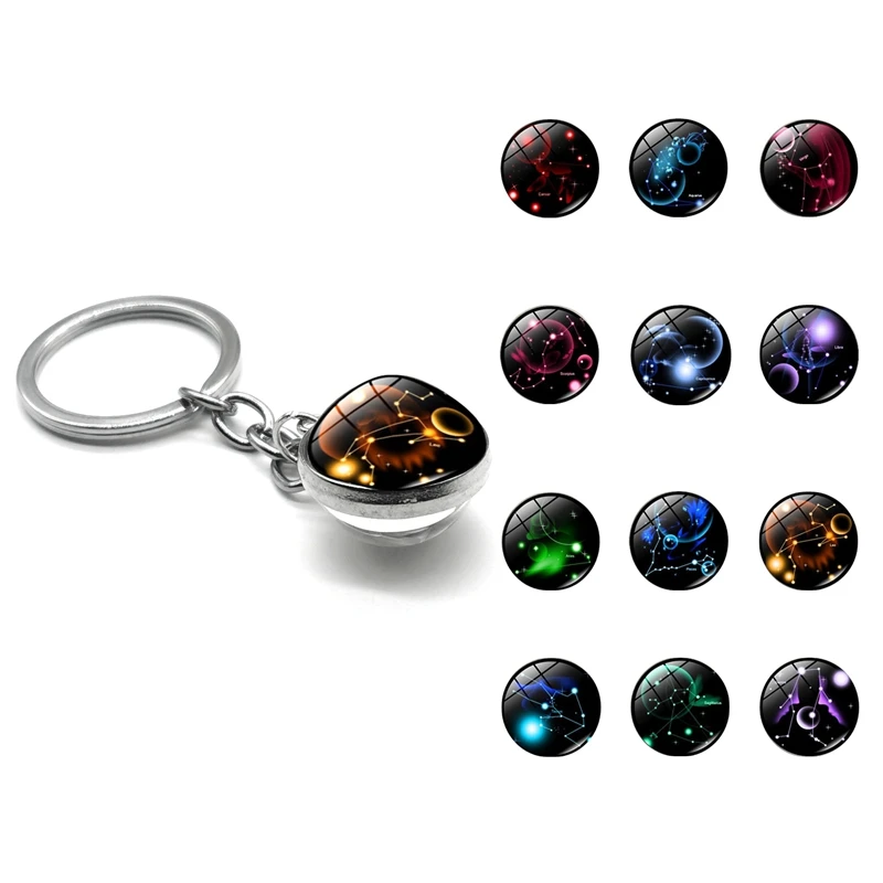 

Leo 12 Constellation Keychain Fashion Double Side Cabochon Glass Ball Keychain Zodiac Signs Jewelry for Men Women Birthday Gift