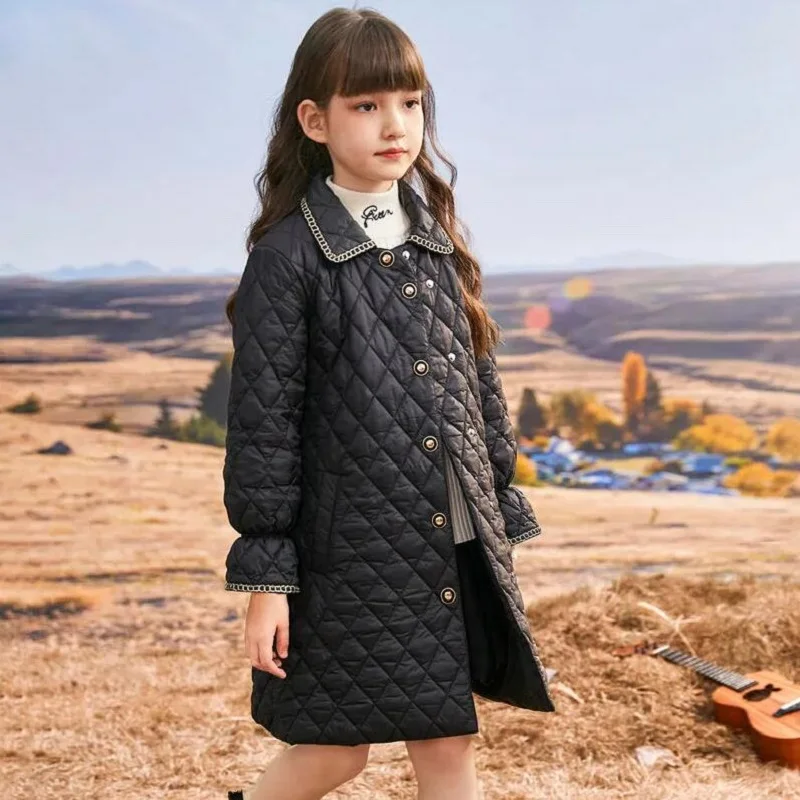 

Winter 4-14Year Old Children's Cotton Padded Clothes Thickened Warm Long Lapel Fashion Jacket For Girls Windbreaker Kids Tops