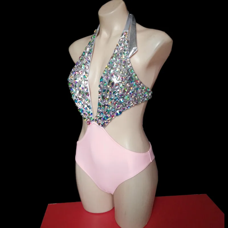 

Sexy Hollow V-neck Rhinestones Backless Bodysuit Women Nightclub Bar Dance Costume DJ Pole Dancing Performance Crystals Leotard
