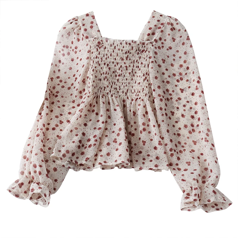 

fresh floral pleated slim fitting Square Collar Chiffon shirt women's autumn and winter printed flared sleeve skirt top