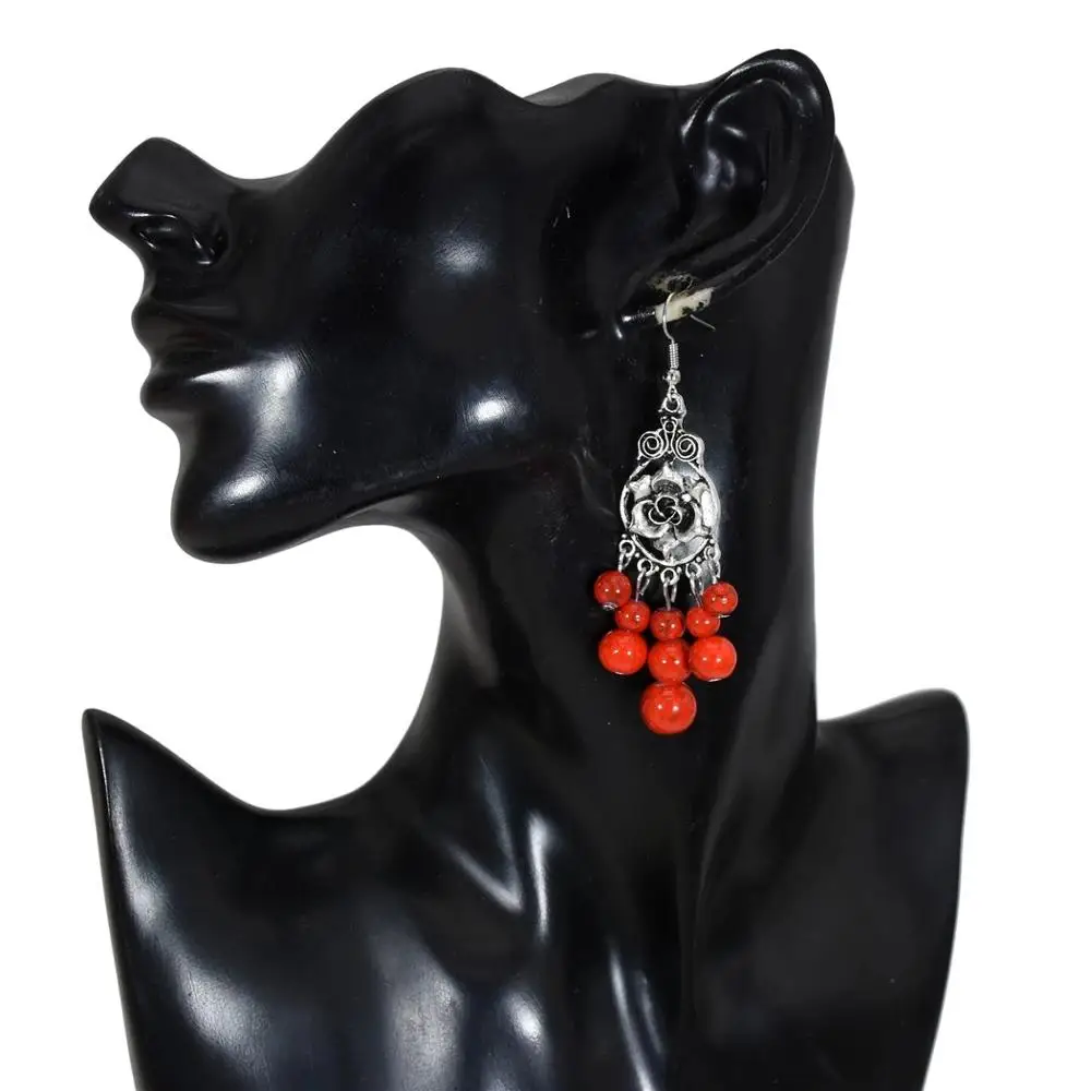 Богемные Винтажные серьги с красным камнем и бусинами для женщин эффектные