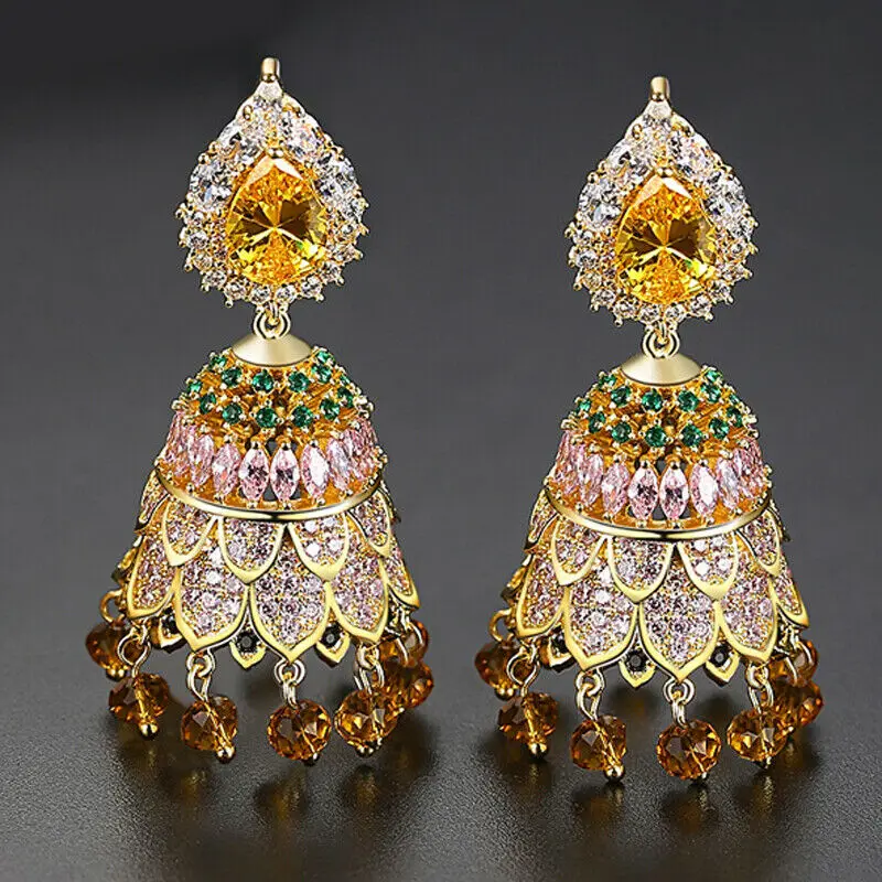 

Индийские Jhumka Jhumki, роскошные серьги-подвески с кубическим цирконием ААА, с бусинами, винтажные женские свадебные украшения для вечеринок, э...