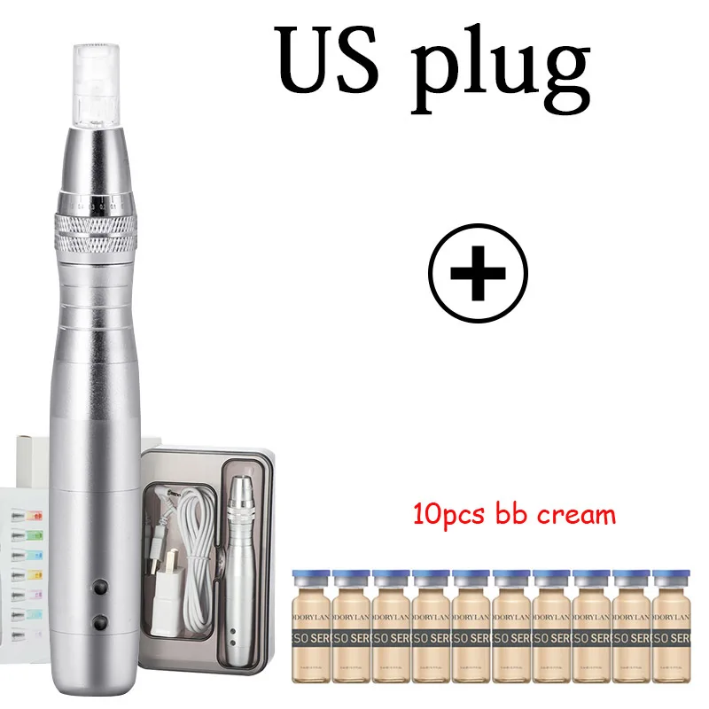 US plug kit 7 цветов светодиодный светильник BB mose Машина Микроиглы ручка с 5 мл BB крем stayve Белый Осветляющий основа BB сыворотка светящаяся красота ручка - Цвет: US plug kit