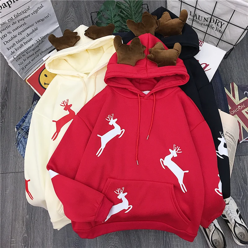 Милый олень Женская толстовка Осень зима длинный рукав свободный Рождественский