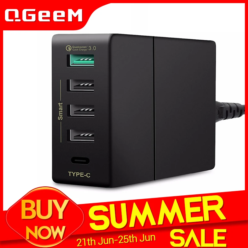 QGeeM USB зарядное устройство 5 портов QC3.0 Type C быстрое 5V2.4A 9V2A 12V1.5A US Plug настольное для
