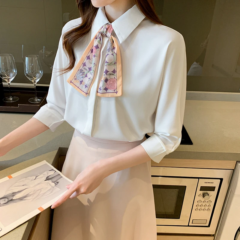 

Vogue Bow Tied Elegant Solid Chiffon Shirts Women Loose Casual Tops Ladies Business Work Shirt Half Sleeve Turn Down Collar 2021