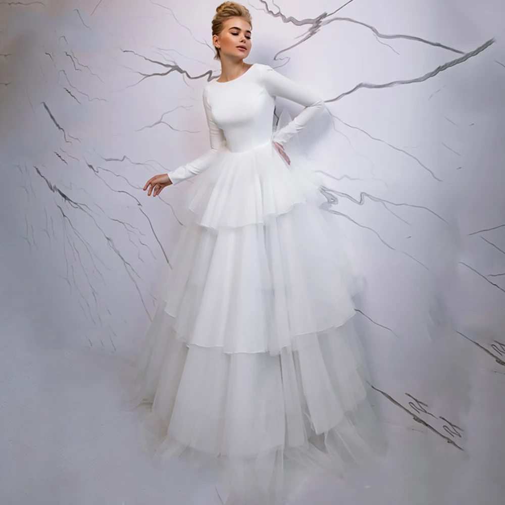 

O-Neck Tulle Wedding Dress Long Sleeve Ruched Backless Tiered Court Train Bow Ball Bridal Gowns 2021 Vestido De Noiva