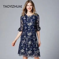 taoyizhuai autumn two piece set casual style lace women dress loose elegant plus size above keen flower print party dress 16208