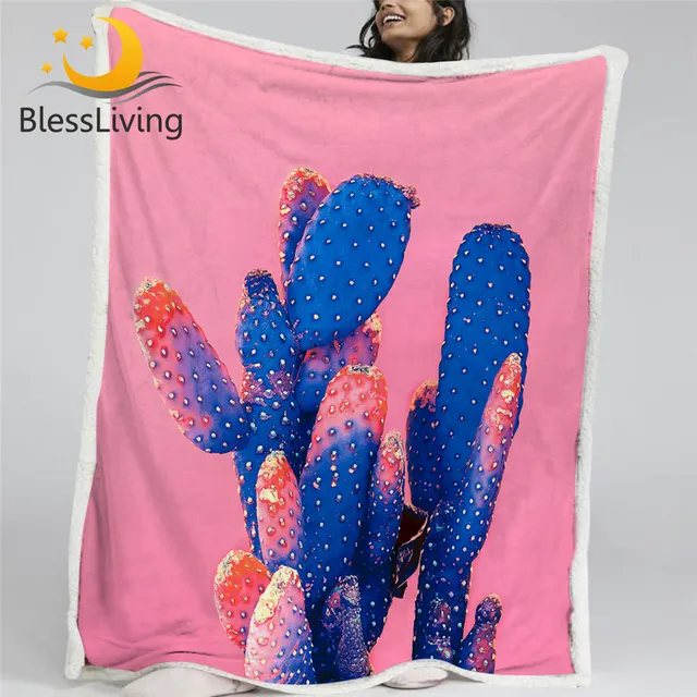 BlessLiving Cactus Sherpa Fleece Blanket Pink Blue Bedding Plant 3d Printed Plush Bedspread for Kids Natural Modern Mantas 1pc 1