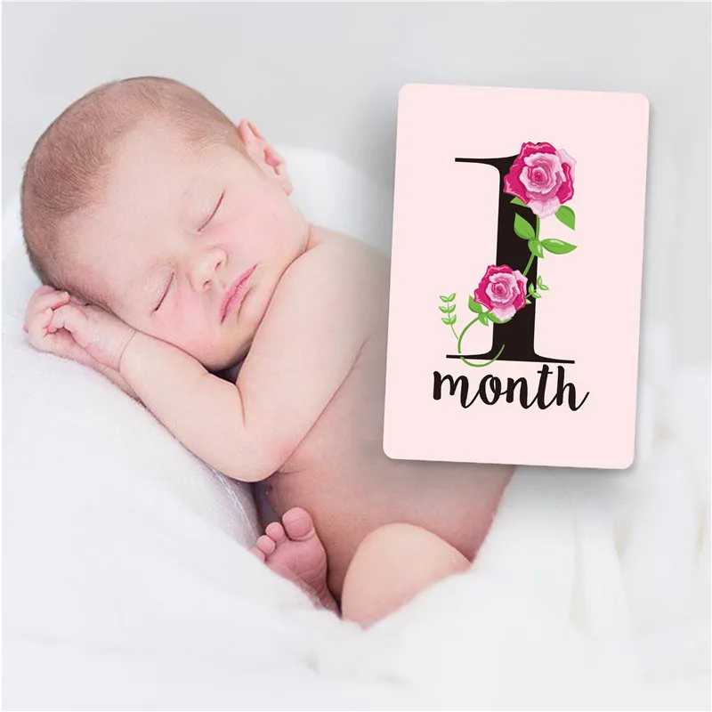 Tarjetas conmemorativas para reci&eacute;n nacido, accesorios para el mes, foto, flor, rosa de la jungla, 12 Uds.-1
