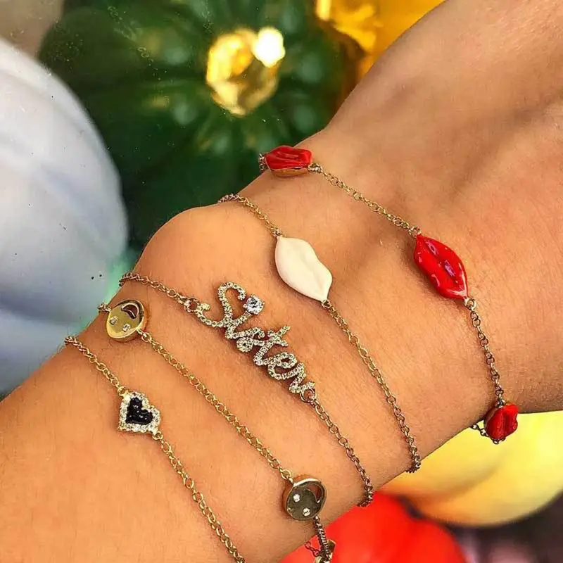 5Pcs Women Sweet Lips Sisters Crystal Inlaid Gold Chain Bracelet Kit Jewelry Set | Украшения и аксессуары