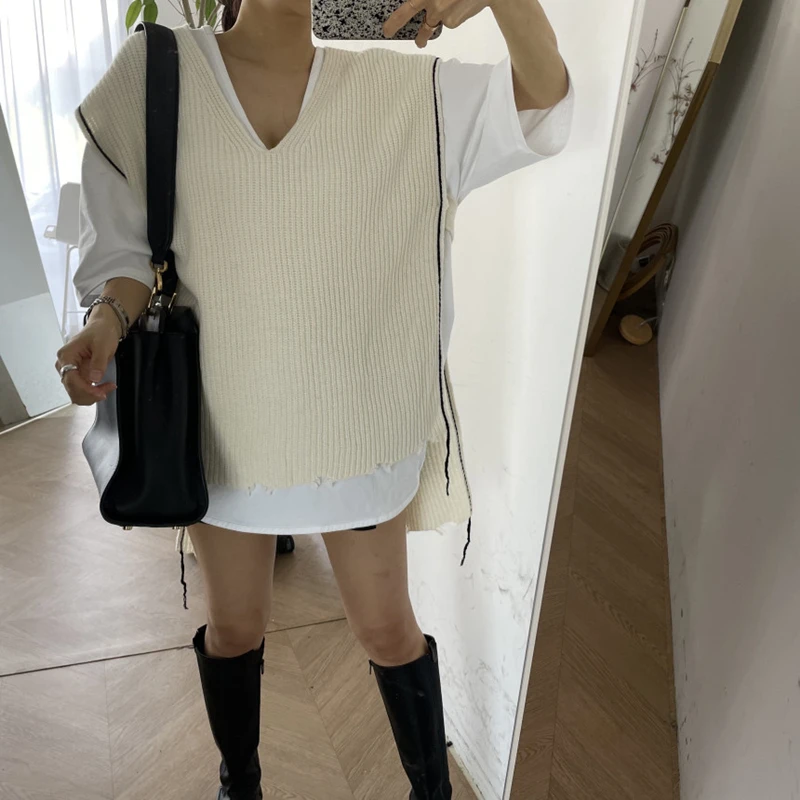 

Женский винтажный жилет без рукавов, асимметричный свитер большого размера с разрезом, Осень-зима 2021