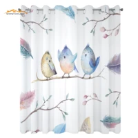animal kitchen window curtains hand drawn birds sitting on branch cartoon in boho style watercolors leaves feathers window