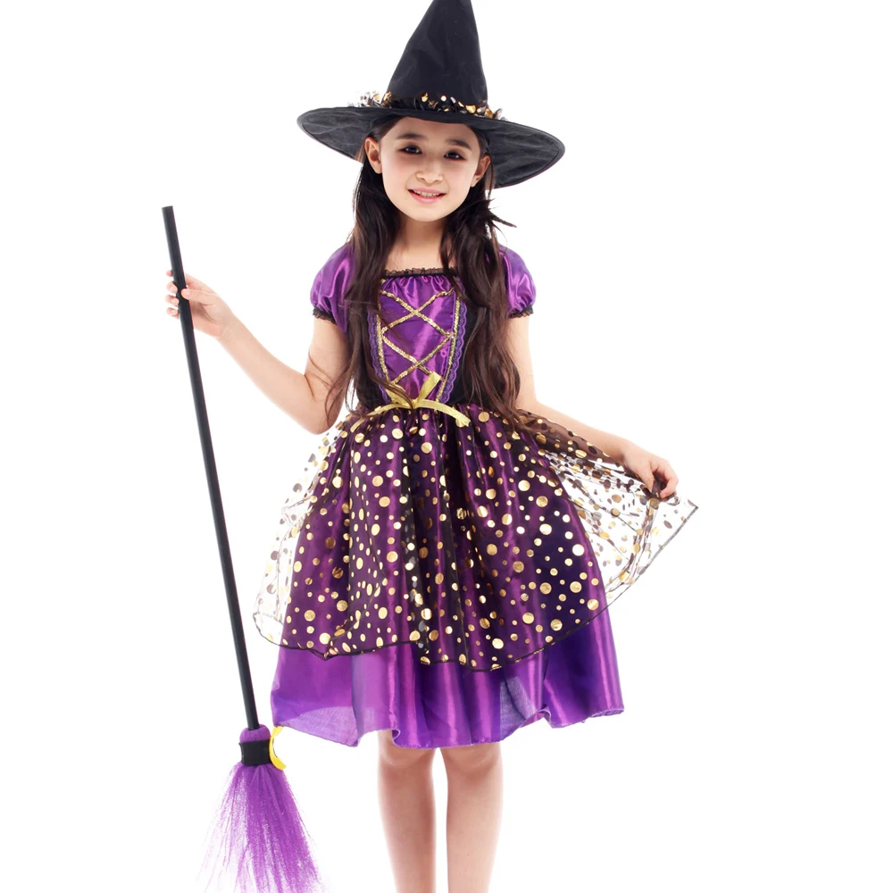 

Halloween Witch Costume with broom For Girls Role Play Cosplay Performance Dance Show Costumes For Kids Vampire Witch Dress up