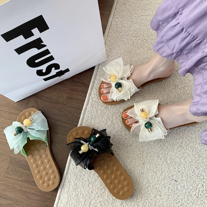 

House Slippers Platform Butterfly-Knot Shoes Woman 2021 Low Luxury Slides Flat Rubber Designer Rome Butterfly-knot PU Fashion PV