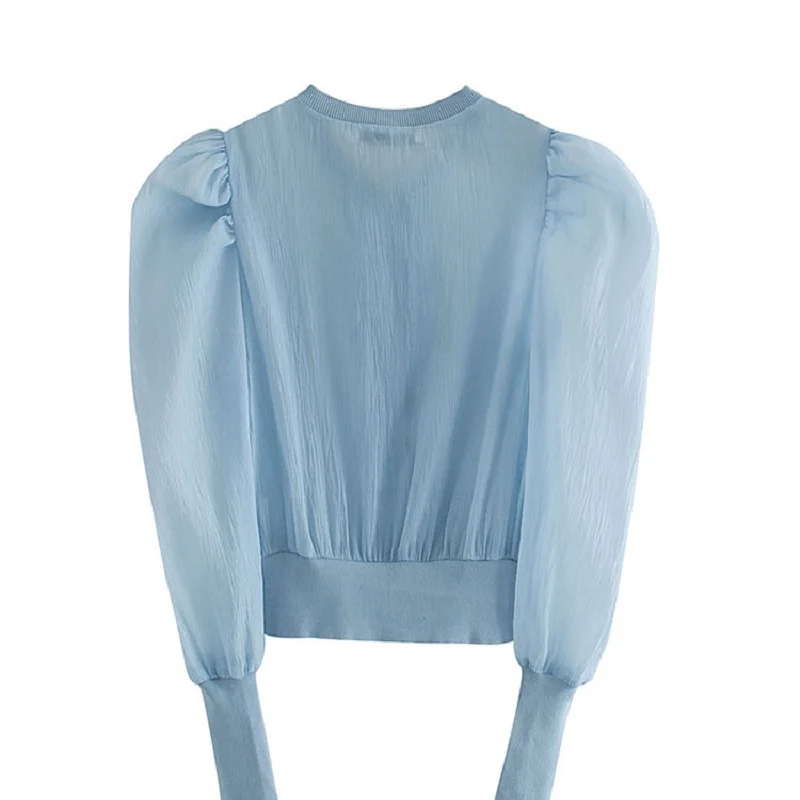 

England Blouse Women Long Sleeve Button Up Shirt Blue Shirts Women Puff Sleeve Top Transparent Patchwork Tops Vintage Chic