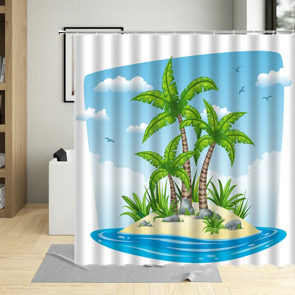 

Seaside Tropical Plants Forest Shower Curtain Oil Painting Coconut Tree Scenery Bathroom Home Decor Screens Bathtub Curtains