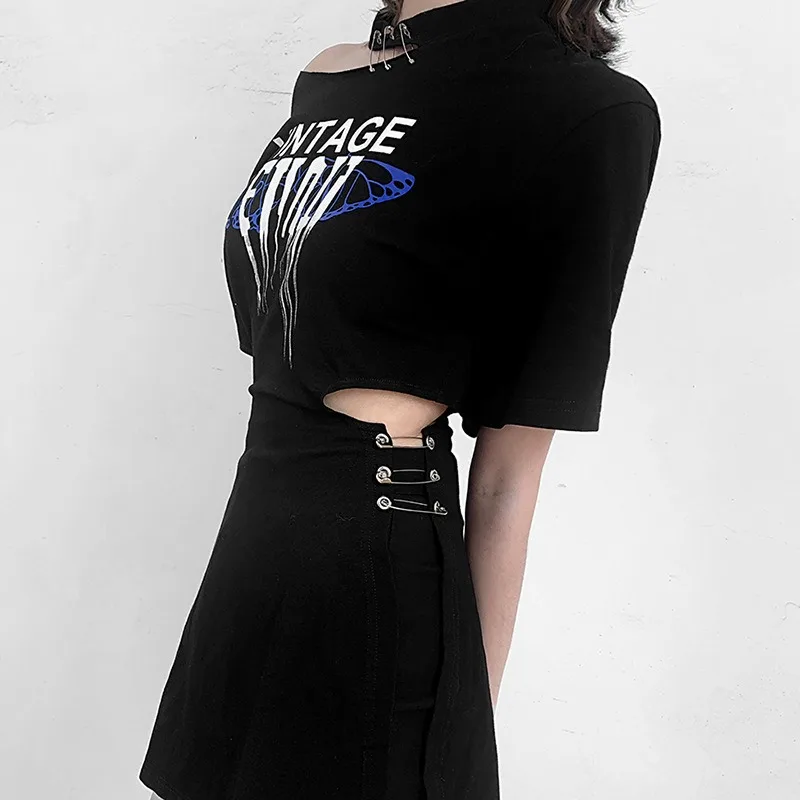 

Short Sleeve Split Letter Print Sexy Hollow Mini Dress Summer Female Fashion Casual Street Wear Solid Color Party Wear Cute