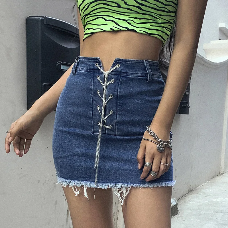 Летнее мини платье из джинсовой ткани юбки женский бандажный полый дизайн синий