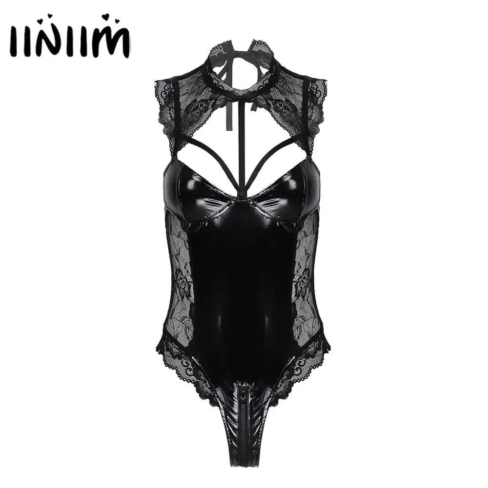 

Sexy Womens Femme Lingerie Bodysuit Bodycon Costumes Clubwear Lace-up Patent Leather Lace Splice One-piece Teddies Bodystocking