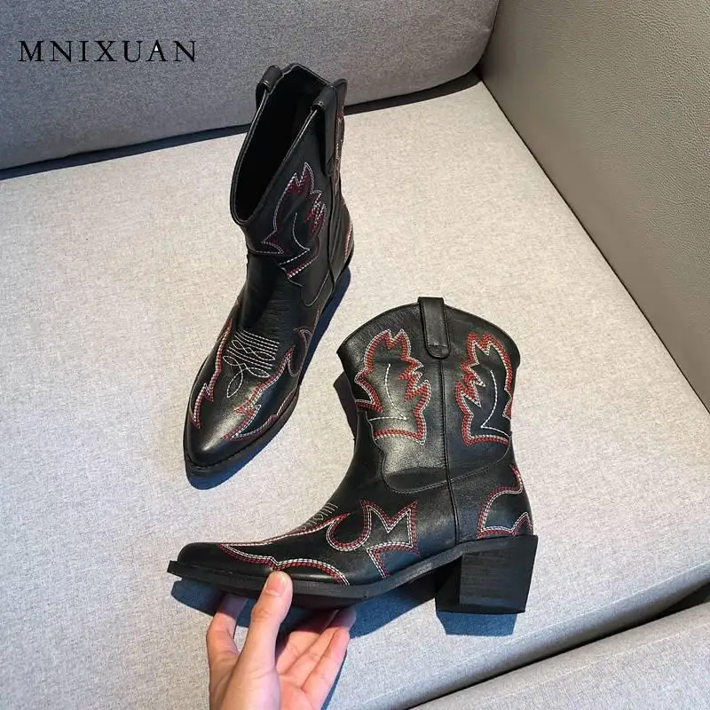 MNIXUAN Women Cowboy Boots women shoes genuine leather western punk shoes Pointed Toe High Heel Ankle Boots Black Booties