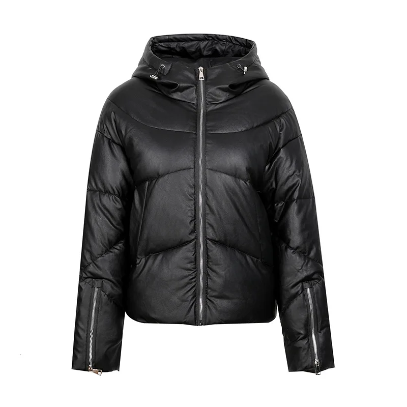 

Autumn Winter Women's Cotton Padded Parka Korean Style Fashion Female Short Hooded Jacket PU Waterproof Thick Warm Zipper Coats