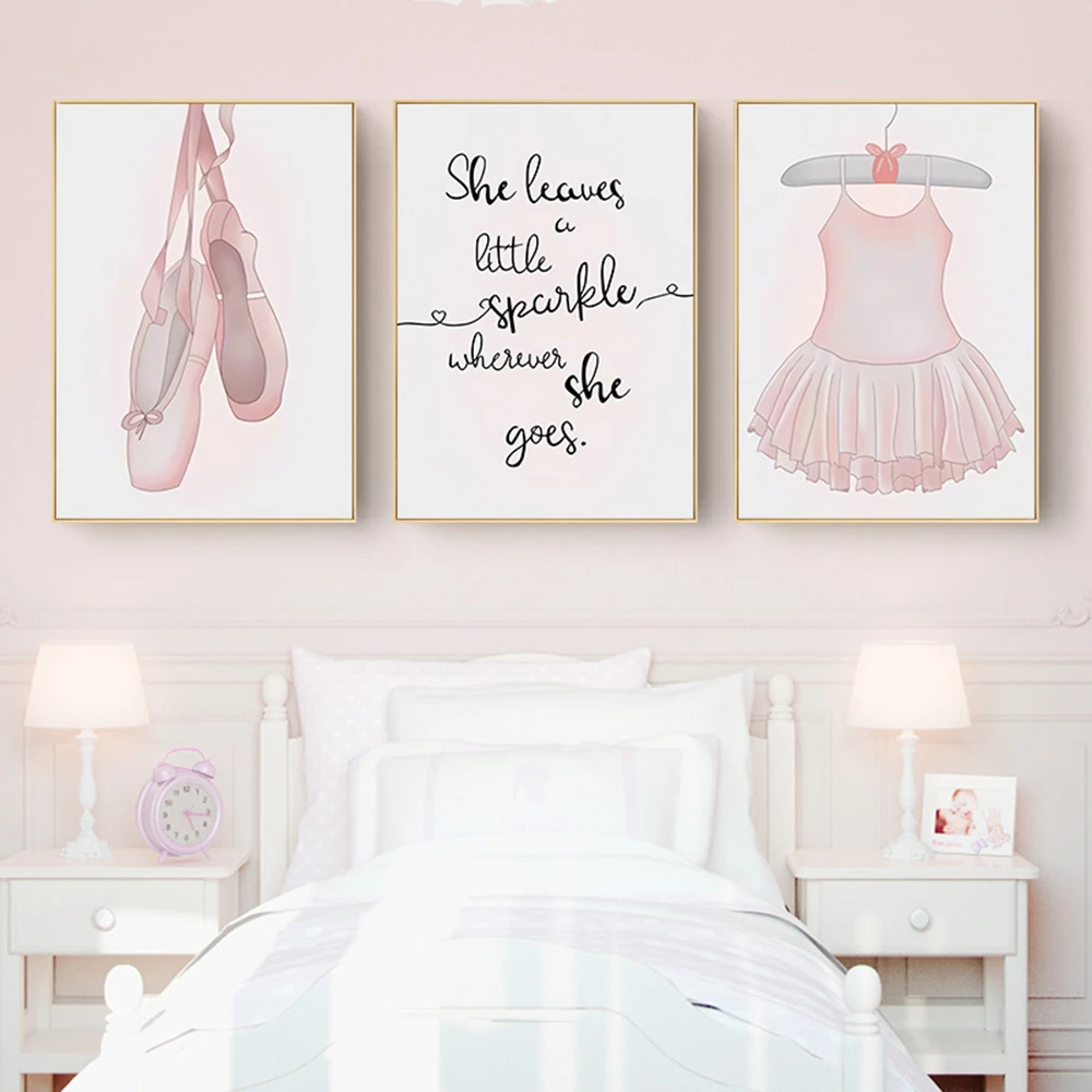 Ballet Shoes Little Princess Dress Print Canvas Pink Nursery Wall Art Quote Poster Baby Girls Bedroom Dance Room Picture