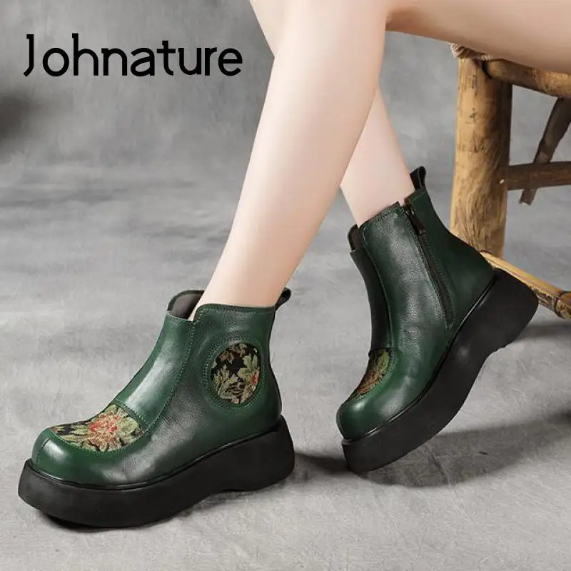 

Johnature Genuine Leather Women Boots Retro Shoes 2022 New Autumn Winter Embroider Round Toe Zip Handmade Concise Platform Boots