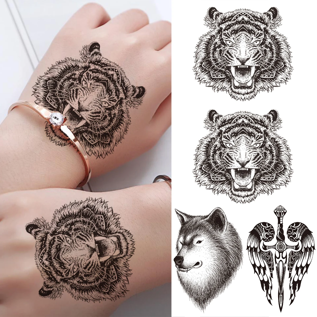 

Realistic Tiger Temporary Tattoos For Women Men Kids 3D Wolf Feather Sword Fake Tattoo Sticker Water Transfer Arm Tatoos Paste