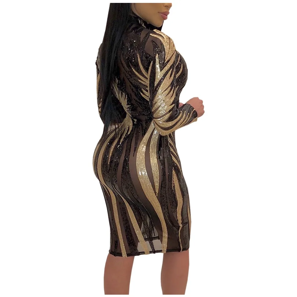 Dresses For Women O-neck Long Sleeve Perspective Sexy Sequin Nightclub Casual Mini Dress Elegant Skirt Gift Ensemble Alt Clothes