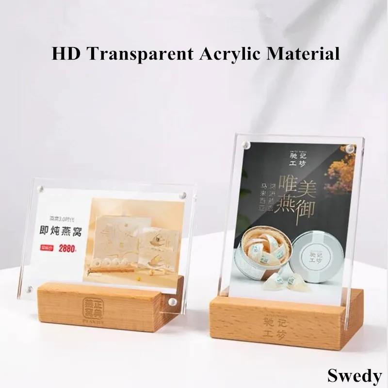 

A6 100X150MM Wood Base Acrylic Poster Menu Sign Holder Plastic Display Stands Table Price Label Paper Holder Tags