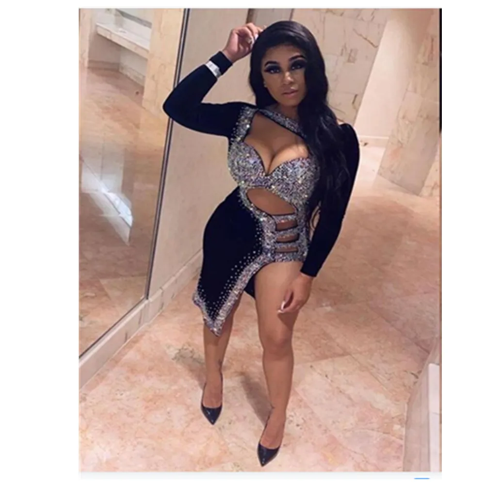 

New Luxury Shiny Rhinestone Women Sexy Long Sleeve Key Hole Split Midi Dress Singer Bar Party Birthday Dancer Costume Outfits