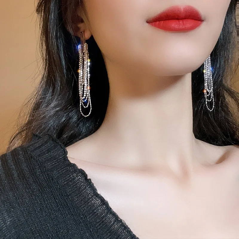 

Senior thin full diamond tassel earrings female long