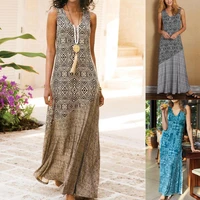 3 colors bohemian ladies geometric print slim dress long length summer dress geometric print for going out