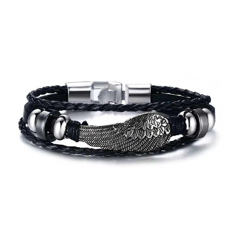 Черный Плетеный Многослойный кожаный браслет дизайн рок перо Очаровательная
