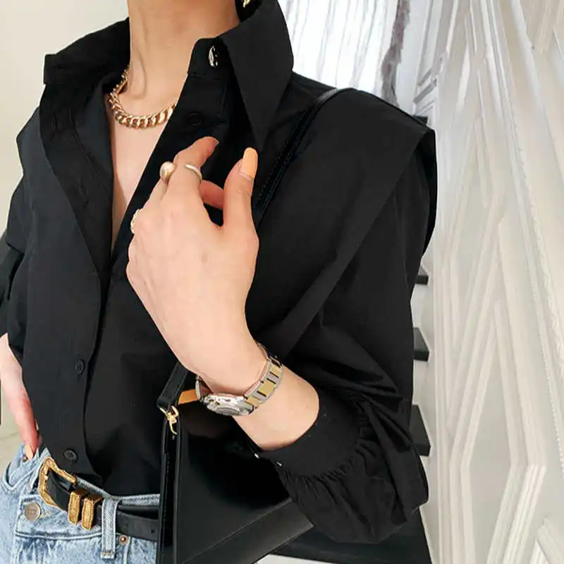 

Turn Down Collar Long Sleeve Single Breast Blouse Women Work Style Ol Simple Solid Blusas Spring 2021 New Loose Shirt