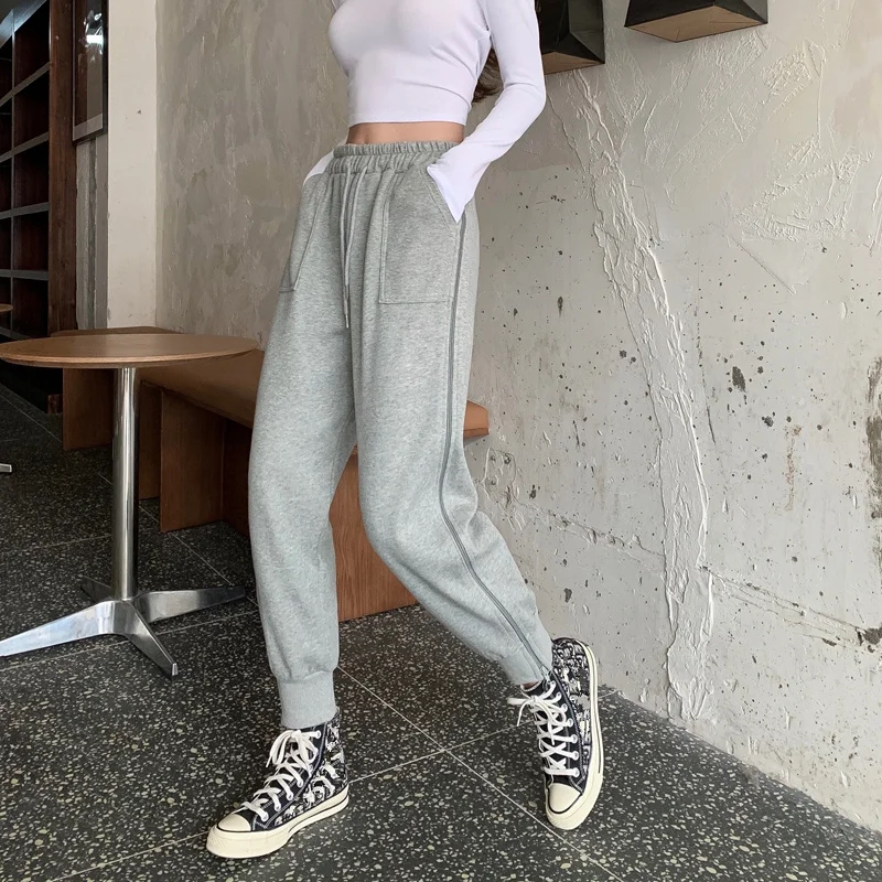 

Harajuku Vogue Loose Joggers Women Drawstring High Waist Gray Sweatpants Side Split Zipper Trendy Harem Trousers Streetwear 2020