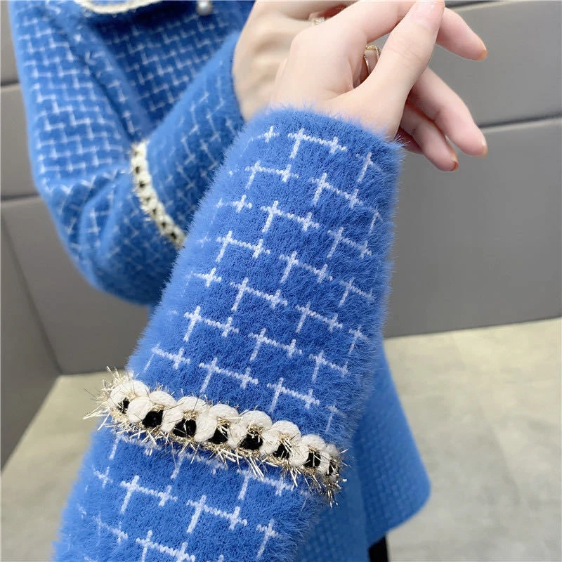 

Elegant Mid-Length Fake Mink Velvet Plaid Warm Knit Jacket Women Winter Vintage Thicken Single-Breasted Sweater Cardigan Outwear