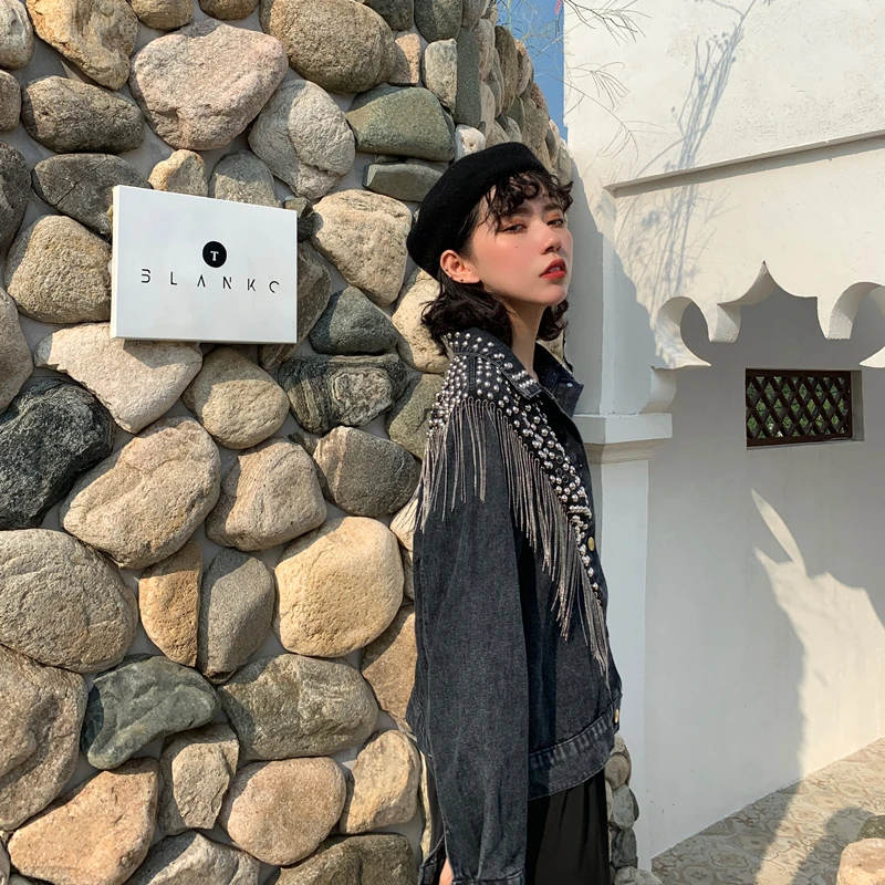 New Women Autumn Hand-studded Rivet Tassel Chain Short Jeans Coat Woman's Loose Jacket Coat Fashion Streetwear Denim Jacket