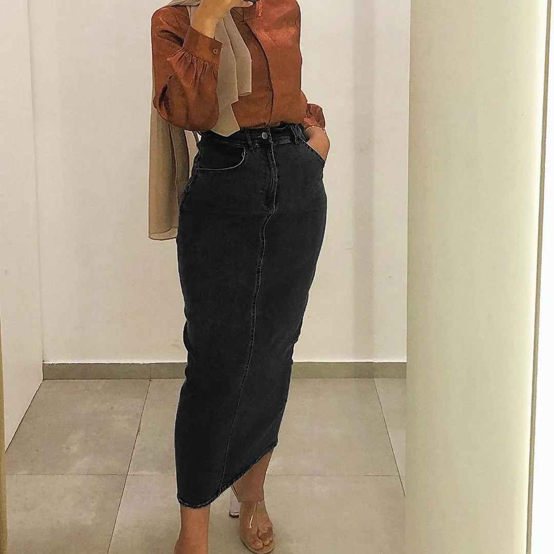 Прямая женская джинсовая юбка на молнии с высокой талией|Женские юбки| |