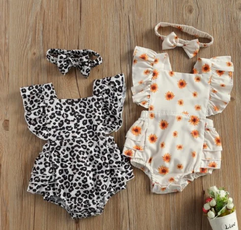 

0-18M Summer Cute Infant Baby Girls Bodysuits Clothes Sets Short Sleeve Leopard/Sunflowers Print Ruffles Backless Jumpsuits