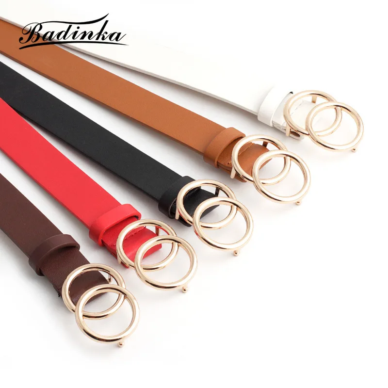 

New Wide Black Red White Brown Leather Waist Belt Ceinture Femme Woman Double O Ring Belts for Women Dress Cinturones Para Mujer